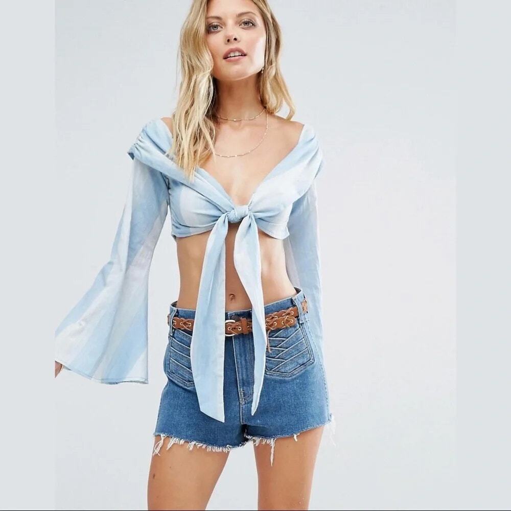 Majorelle Rum Runner Top Blue Stripe Off the Shoulder Tie Front SZ Revolve S NWT